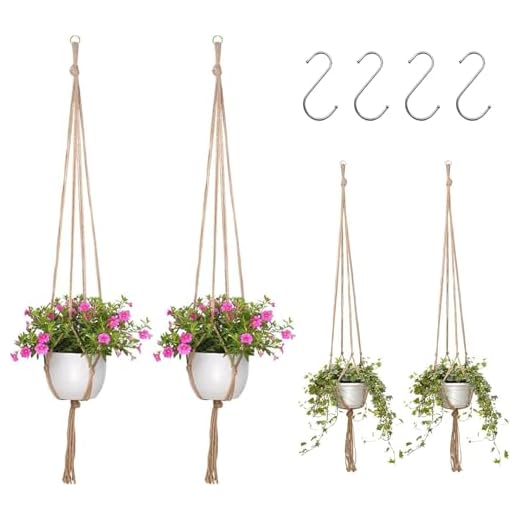 Littlegaofeithing 4 Pcs Portavasi Sospesi Macramè, Corda per Piante da Appendere, con 4 ganci a forma di S, Decorazioni Appese per Piante da Interno Esterno Balcone Giardino Finestre