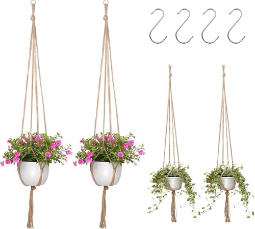 Littlegaofeithing 4 Pcs Portavasi Sospesi Macramè, Corda per Piante da Appendere, con 4 ganci a forma di S, Decorazioni Appese per Piante da Interno Esterno Balcone Giardino Finestre
