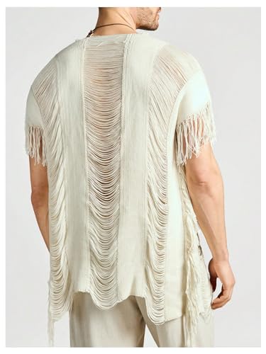 WDIRARA Men's Tassel Hem Hollow Out Vintage Cardigan Ripped V Neck Short Sleeve Casual Outerwear2