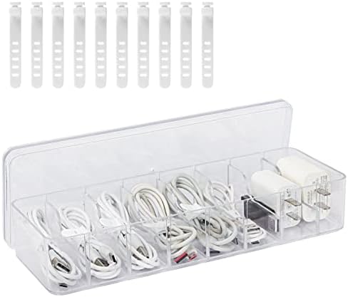 BiSiViO Clear Cable Management Box, Desktop Cable Organizer Storage Box Plastic Data Cable Cord Storage Organizer with 8 Wire Ties, Electronic Accessories Case for Desk Drawer, Office, Home Use