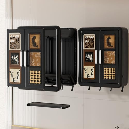 Image of Homero Vintage Wall Mounted Storage Cabinet with Hooks | Multipurpose Bathroom, Kitchen & Home Organizer | Waterproof, Dustproof Double Door Wall Storage Box | No Drill Installation