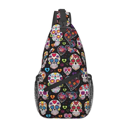 Mochila sling Sugar Skulls negra para hiking y viaje