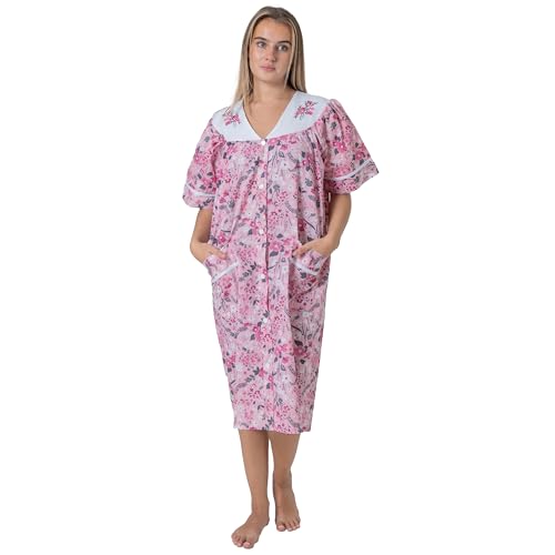 Image of Women's Short Sleeve Woven Snap-Front Closure Floral Embroidery Housecoat Duster Lounge Nightgown Robe with Front Pockets