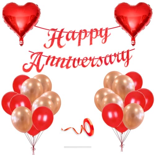 Image of Flyloons Happy Anniversary Decoration Items Red Rose Gold for Men Women Husband Wife Mom Dad Parent Couple Home Bedroom Car With 20 Pcs Metallic Balloons Anniversary Banner 2 Pcs Heart Set Kit