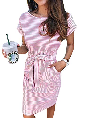 Image of PALINDA Women's Striped Elegant Short Sleeve Wear to Work Casual Pencil Dress with Belt