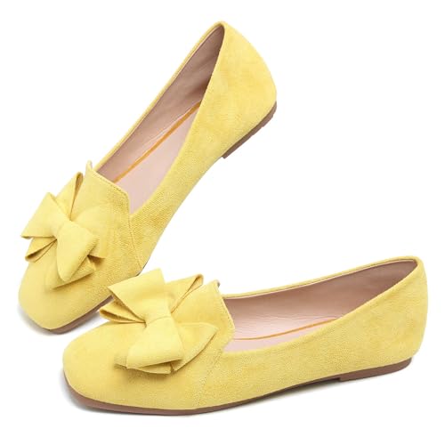 Image of WENJIAZHIZHI Square Toe Bow Ballet Slip-On | Classic Suede Finish,Chic Bow Detail,Effortless Everyday Style,Wedding Party Office,Plus Size Available