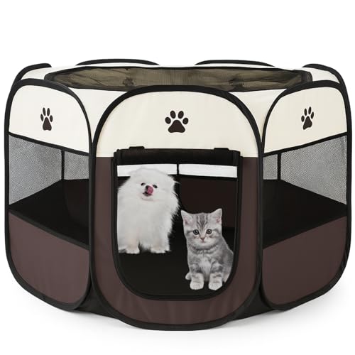 MuGaoDee ペットサークル 折畳み 犬 サークル 室内 73*73*47cm 猫 サークル 大型 犬 ゲージ 猫 八角形 ドッグハウス ペットサークル 屋根付き アウトドア 防災 猫 犬 ケージ 犬 サークル 折り畳み 室内 屋外 キャンプ メッシュサークル 頑丈 出産室 大型犬 小型犬 猫 (ブラウン)