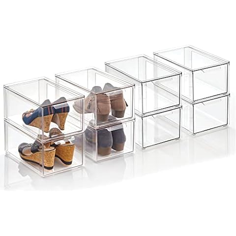 mDesign Plastic Stackable Closet Storage Organizer Bins with Pull Out Drawer for Cabinet, Desk, Shelf, Cupboard, or Dresser Organization - Lumiere Collection - 8 Pack - Clear Cover