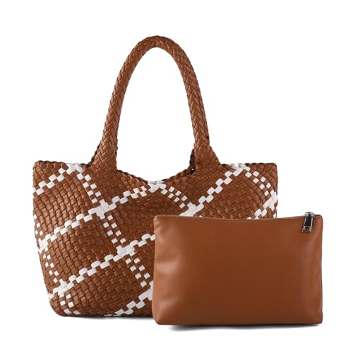 Image of Woven Tote Bag Womens Purse Vegan Leather Shoulder Handbags Fashion Summer Beach Tote Bags Large Travel Totes