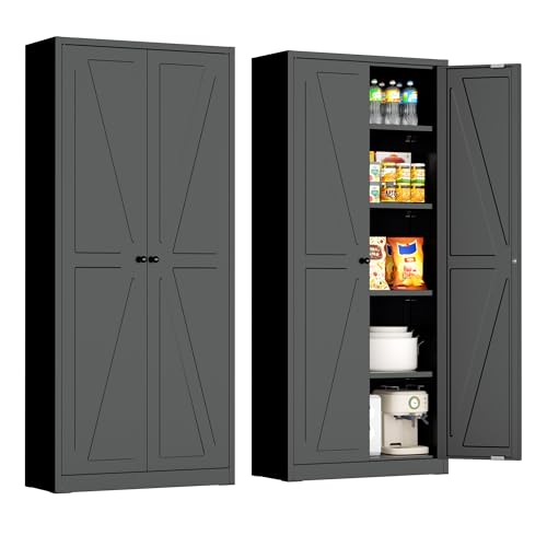 Image of INTERGREAT Metal Storage Cabinet with 2 Doors and 4 Shelves,Tall Kitchen Pantry Cabinets,Farmhouse Utility Pantry Organizers for Dining /Bathroom /Home Office /Garage Room,Black