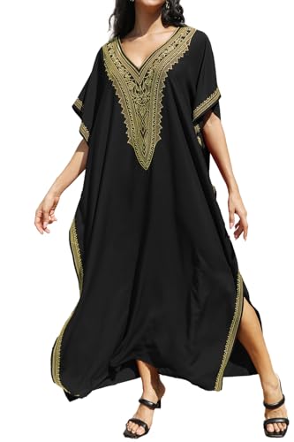L-Peach Vestido largo de playa con bordado para mujer, ropa de descanso, ropa de hogar, bata de baño de gran tamaño, B3 negro, talla única