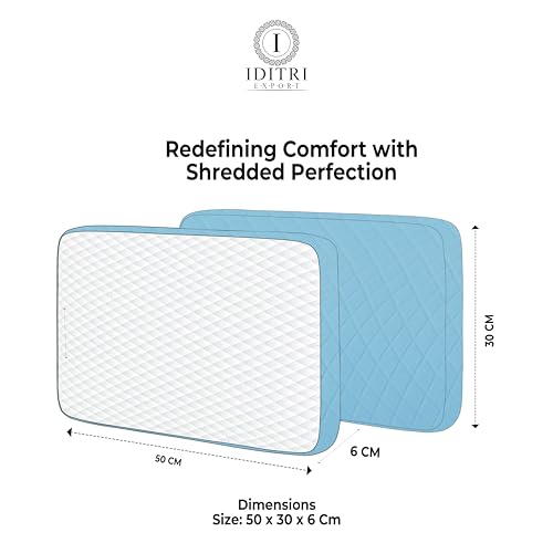 Image of High Density Memory Foam Pillow Set of 2, 50x30x6 cm Shredded Support for Neck Pain Relief, White and Sky Blue Breathable Case, Orthopedic Bedding for Side Sleeper