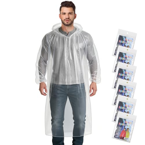 Aolegoo 6 Stück Regenponcho Transparent Mit Hut und Ärmeln Einweg Tragbarer Unisex-Regencape für Fahrrad Wandern Karnevalssession Angeln Konzert Stadion (Weiß)