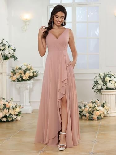 Loyeloy Women's V Neck Bridesmaid Dresses with Slit 2025 Chiffon A-line Formal Evening Gowns with Pockets YJ2123