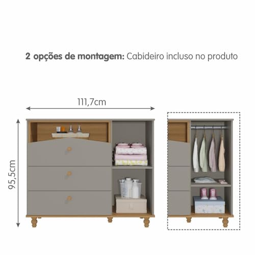 Comoda Bebê Fendi Nature Infantil Mdf Pés Madeira 3 Gavetas Corrediças Telescópicas Guarda Roupa