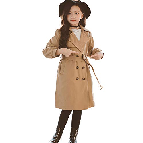 LSERVER Kids Boys Trench Coat Toddler Girls Windbreaker Autumn Spring Jacket Children Outwear British Coats, Khaki, 8-9T