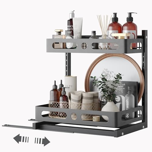 NETEL Organizador Deslizantes para Almacenamiento Bajo Fregadero, Estante de Armario de Cocina o Baño de 2 Niveles, Altura Ajustable, Negro