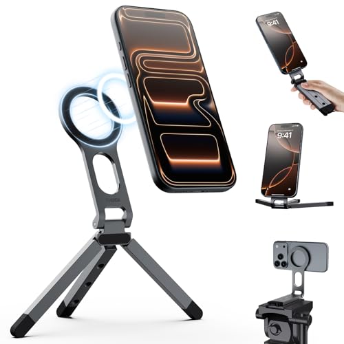 SODI スマホ三脚スタンド ミニスタンド 磁石・マグネット付き 折りたたみ式 手持ち自撮り棒 セルカ棒&卓上 横置き/縦置き ポータブル 持ち運び 軽量 薄型 雲台対応 AndroidやiPhone対応 日本語取扱説明書 グレー