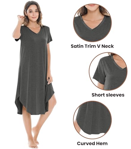 Image of NACHILA Nightgowns for Women-Viscose Made from Bamboo, V Neck Sleepshirts Short Sleeve Sleepwear Cool Nightshirt