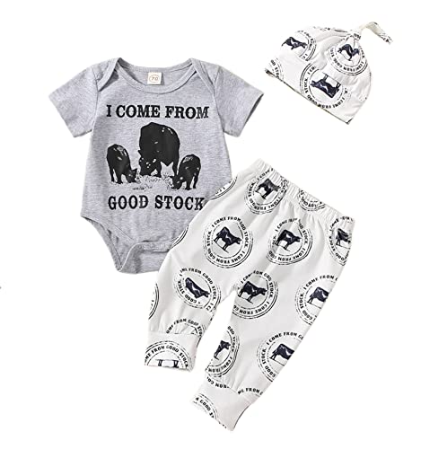 Image of SAYOO Western Newborn Baby Boys Cowboy Outfit Cow Print Letter Bodysuit Long Leggings Cap 3pcs Infant Boy Country Clothes