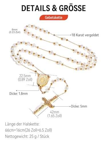 FaithHeart Rosenkranz Kette mit Maria Medaille Lange Rosenkranzkette Weiße Perlen Damen Kreuzkette Gold Herren Edelstahl Gebetskette Halskette Orthodoxes Kreuz Rosary Necklace Autorosenkranz Schmuck