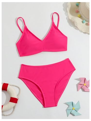 Image of MakeMeChic Girl's Solid Summer Bikini Sets Two Piece Bathing Suit V Neck Adjustable Strap Swimsuit Swimwear Hot Pink 8 Years