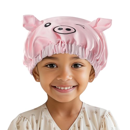 Lolalet Kids Bonnets for Girls, Adjustable Silk Baby Bonnet for Curly Hair Toddler Satin Cartoon Bonnet Cap with Elastic Band -Piggy
