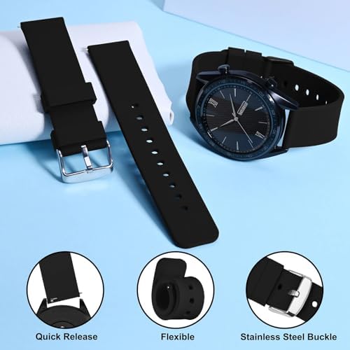WOCCI 22mm Silicone Watch Strap, Quick Release Rubber Replacement Band with Silver Stainless Steel Buckle (Black) - 2