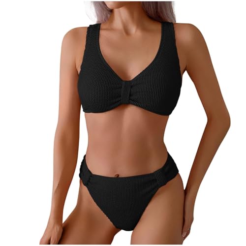 All Cyber Deals Womens Bikini Swimsuits 2 Piece Solid High Waisted Full Coverage Push up Bathing Suit High Cut Texture Beach Swimwear Bikinis Sets for Women