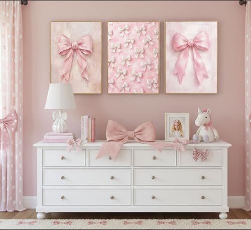Image of 3Pcs Pink Bow Canvas Wall Art Vintage Trendy Cute Preppy Watercolor Bow Painting Pictures Wall Decor Posters Prints Girly Aesthetic for College Apartment Bedroom Decoration Unframed