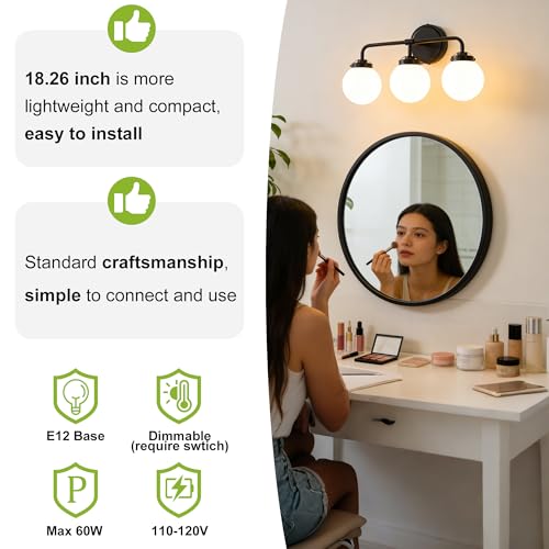 Image of Bathroom Light Fixtures 18.3in 3-Light Matte Black Vanity Lights for Mirror | Bathroom Lighting Fixtures over Mirror, ETL, Brushed Brass Wall Sconce, Dimmable E12 Base Max 60W, Milky Glass Ball Shades