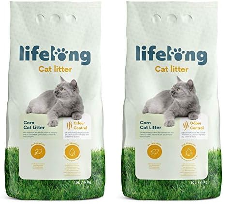 Marca Amazon - Lifelong Arena Aglomerante de maíz para Gatos, Sin Fragancia, 10L (Paquete de 2)