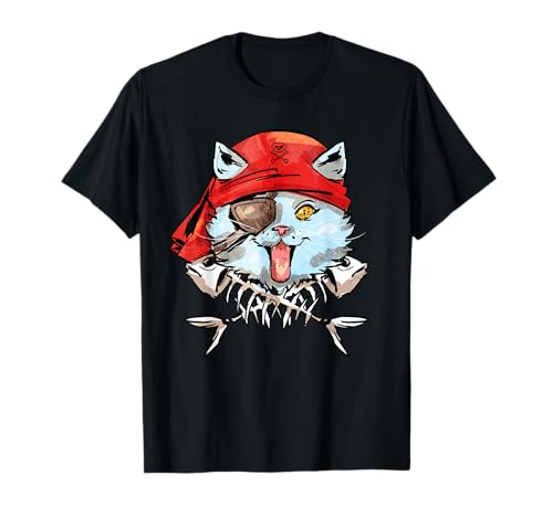 T-shirt de pirata gato de Halloween gato pirata costume, Preto, S