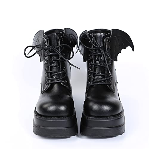Image of Gothniero Platform Goth Ankle Boots for Womem Black Holographic Combat Chunky Heel Boots with Side Zip Lace Up Wedge Booties US5.5-11