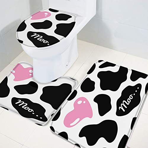 Queenker 3-teiliges Badteppich-Set, WC-Sitzbezug, rosa Herzform, Kuhmuster, Konturenteppich, WC-Vorleger und WC-Deckelbezug, rutschfeste Badezimmermatte 45.7x76.2 cm + 35.7x45.7 cm + 38.1x45.7 cm – Bild 4