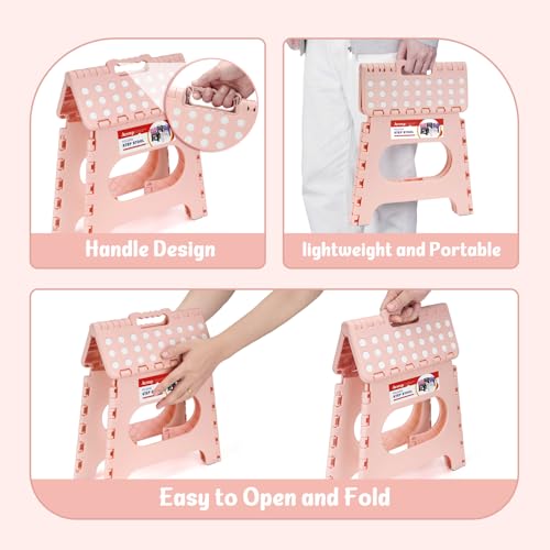 Image of ACSTEP Folding Step Stool 11 Inch, Sturdy Plastic Foldable Step Stool for Kids & Adults, Non Slip Lightweight Collapsible Foot Stools Holds 300 lbs, Ideal for Kitchen, Bathroom, Bedroom, Light Pink