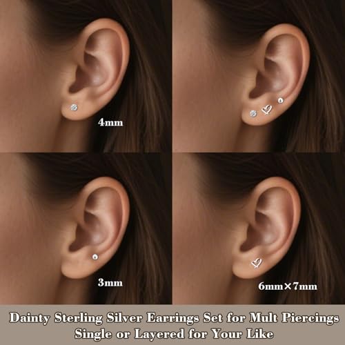 Sterling Silver Stud Earrings for Women, Hypoallergenic Stack Cartilage Earrings, Multiple Piercing Lightweight Mini Thin Cute Dainty Trendy Jewelry Set Gifts for Women2