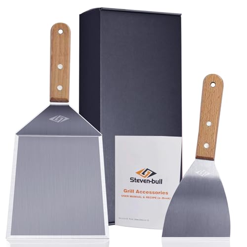 STEVEN-BULL Ensemble d'Outils de Barbecue - Spatule en Acier Inoxydable pour Plancha et Teppanyaki - 15,5 x 13,5 cm, Manche en Bois - Cadeaux pour Hommes