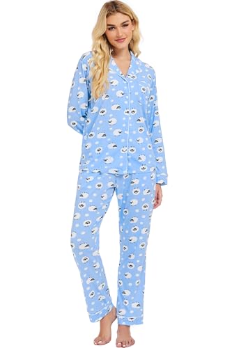 Image of LUBOT 100% Cotton Pajamas for Women Pajama Set 2 Piece PJ Sleepwear Set Soft Ladies Button Knit Long Sleeve Loungewear XS-XXL