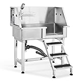 35×20×42 inch Professional Stainless Steel Pet Grooming Tub with Ramp,Faucet & Soap Box - All-in-One Bathing Station for Large, Medium & Small Pets, Complete with Rich Accessories for Home Use，silvery