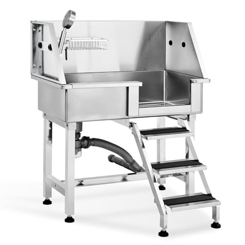 35×20×42 inch Professional Stainless Steel Pet Grooming Tub with Ramp,Faucet & Soap Box - All-in-One Bathing Station for Large, Medium & Small Pets, Complete with Rich Accessories for Home Use，silvery