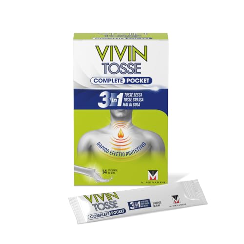 Vivin Tosse Complete Pocket 14 bustine. Sciroppo per mal di gola, tosse secca e grassa a base di estratti vegetali. Protegge e promuove l'idratazione della mucosa faringea. Senza Glutine.