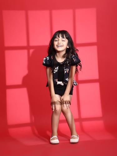 Image of Dear Me Girls Floral Printed Rayon and Lycra Shift Black Colour Dress with Belt for Girls