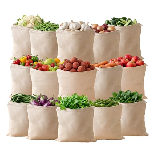 Image of 100% Cotton Reusable Vegetable Storage Bags for Fridge | 15 Pcs Washable Breathable Zipper Cloth Bags | Eco Friendly Kitchen Organizer for Fruits & Veggies