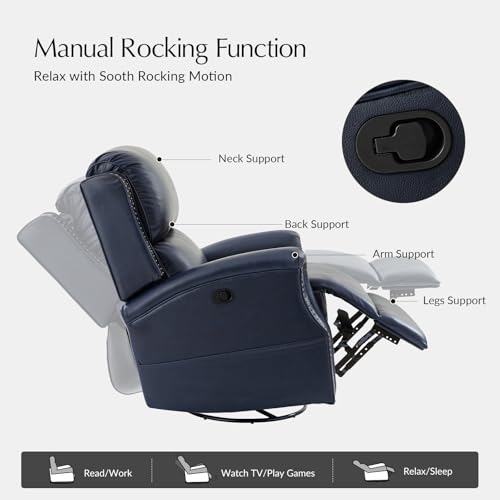 HULALA HOME Genuine Leather Recliner Chair, 360 Swivel Rocker Chair with Thick Seat, Classic Push Back Armchair with Backrest, Nailhead Trim, Navy - Thumbnail 3