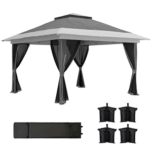 Outsunny 11.7′ x 11.7′ Pop Up Canopy Tent with Netting, UPF50+ Instant Party Tent Gazebo, Height Adjustable, with Wheeled Carry Bag and Sand Bags for Outdoor, Garden, Patio