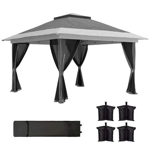 Outsunny 11.7′ x 11.7′ Pop Up Canopy Tent with Netting, UPF50+ Instant Party Tent Gazebo, Height Adjustable, with Wheeled Carry Bag and Sand Bags for Outdoor, Garden, Patio