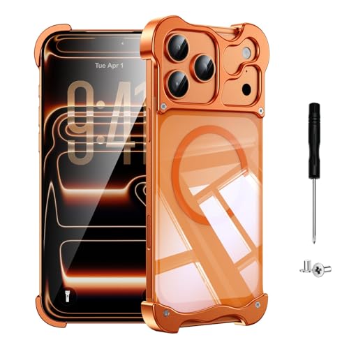 NEWBICASE for iPhone 17 Pro Max Case Metal Frameless Detachable 4 Corner Airbag Compatible with MagSafe Slim Bumper Grade Shockproof Protector Cover with Camera Protection for iPhone 17 Promax Orange