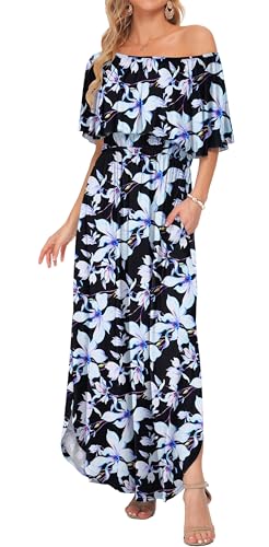 Image of AUSELILY Womens Off Shoulder Ruffle Split Summer Maxi Dresses with Pockets | Off-shoulder Ruffle dress with empire waist & side split for summer beach and casual parties