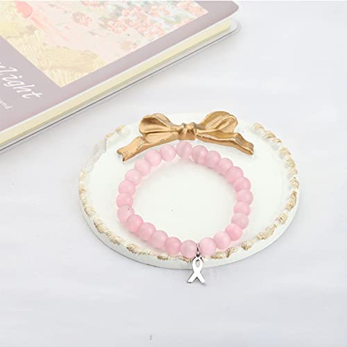 Image of Breast Cancer Awareness Bracelet Pink Rhinestone Ribbon Charm Beads Bracelet Breast Cancer Support Gift (pink FIGHT br)